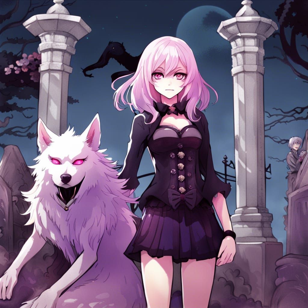 Pink Haired Woman and Wolf Demon in Cemetery