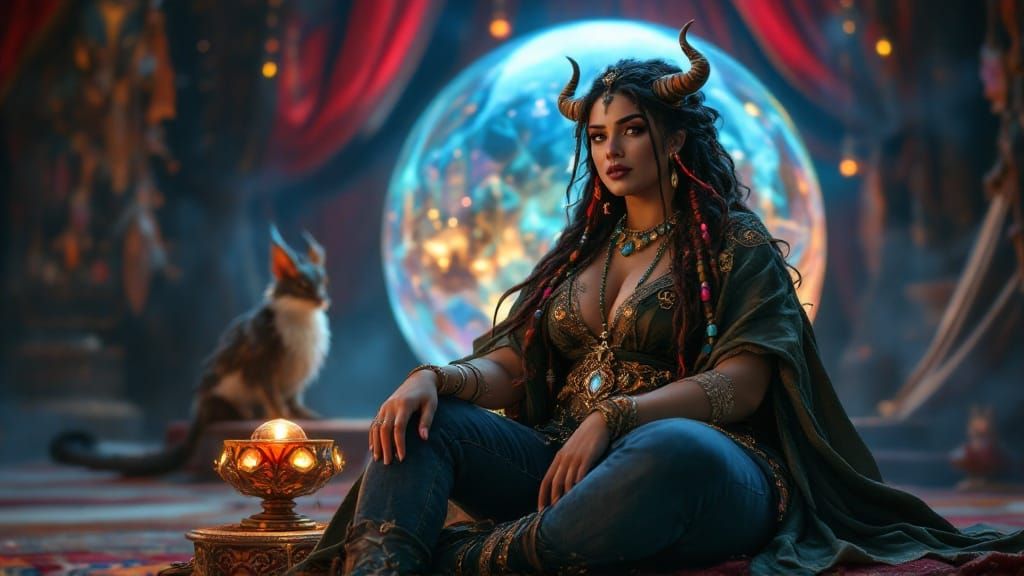 Mediterranean Sorceress Consulting Djinn in Mystical Tent
