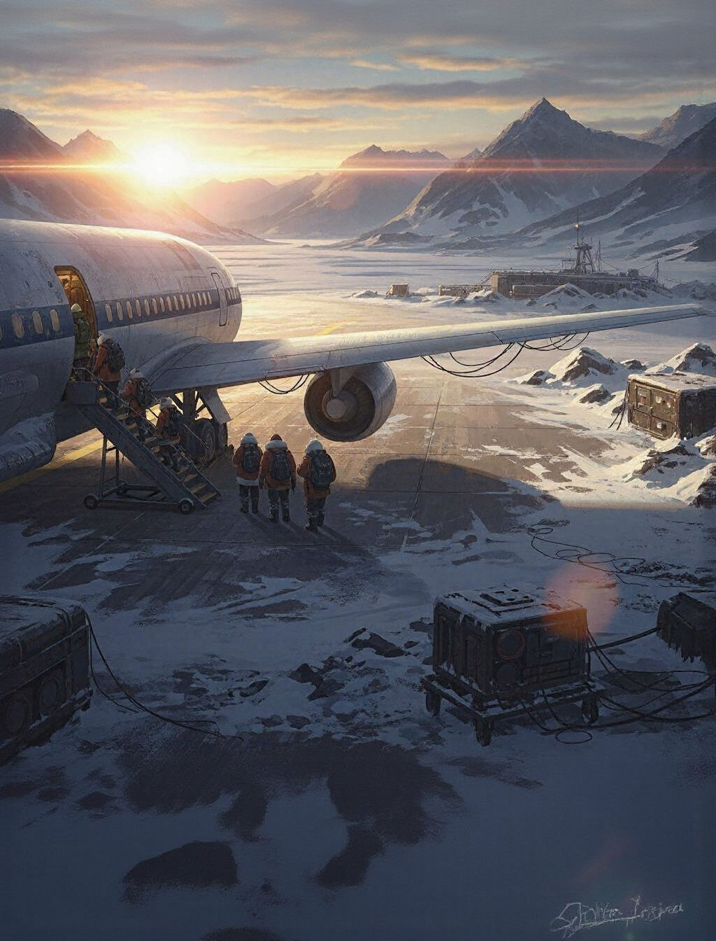 Winter Tundra Airport Scene at Golden Hour