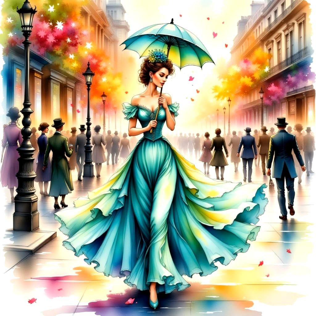 Victorian Lady in Elegant Aqua Dress on 1800's London Street