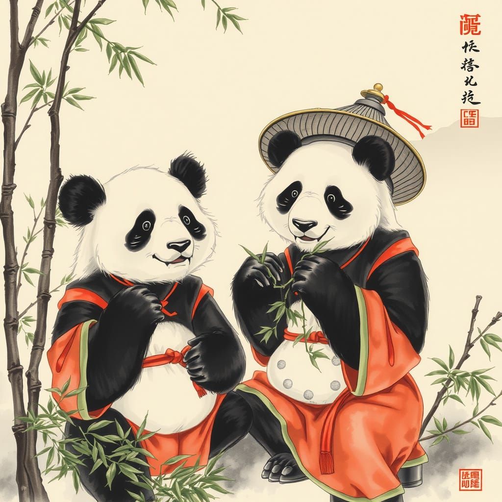 Pandas in Misty Landscape: A Sumi-e Style Image