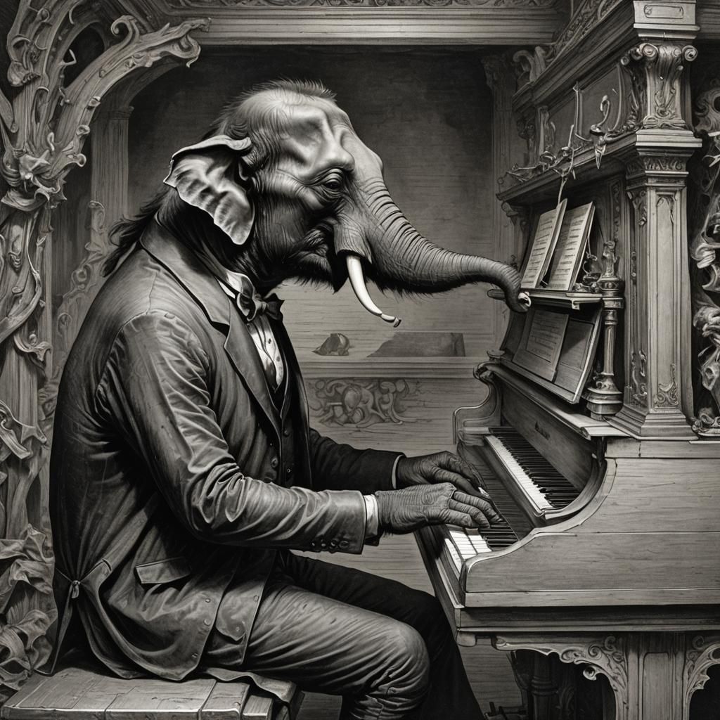 Miniature Elephant Plays Piano: Gothic Horror Art