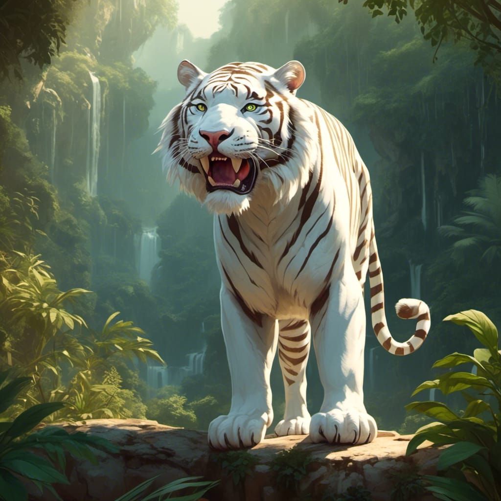 Glowing White Tiger in Jungle Ruins
