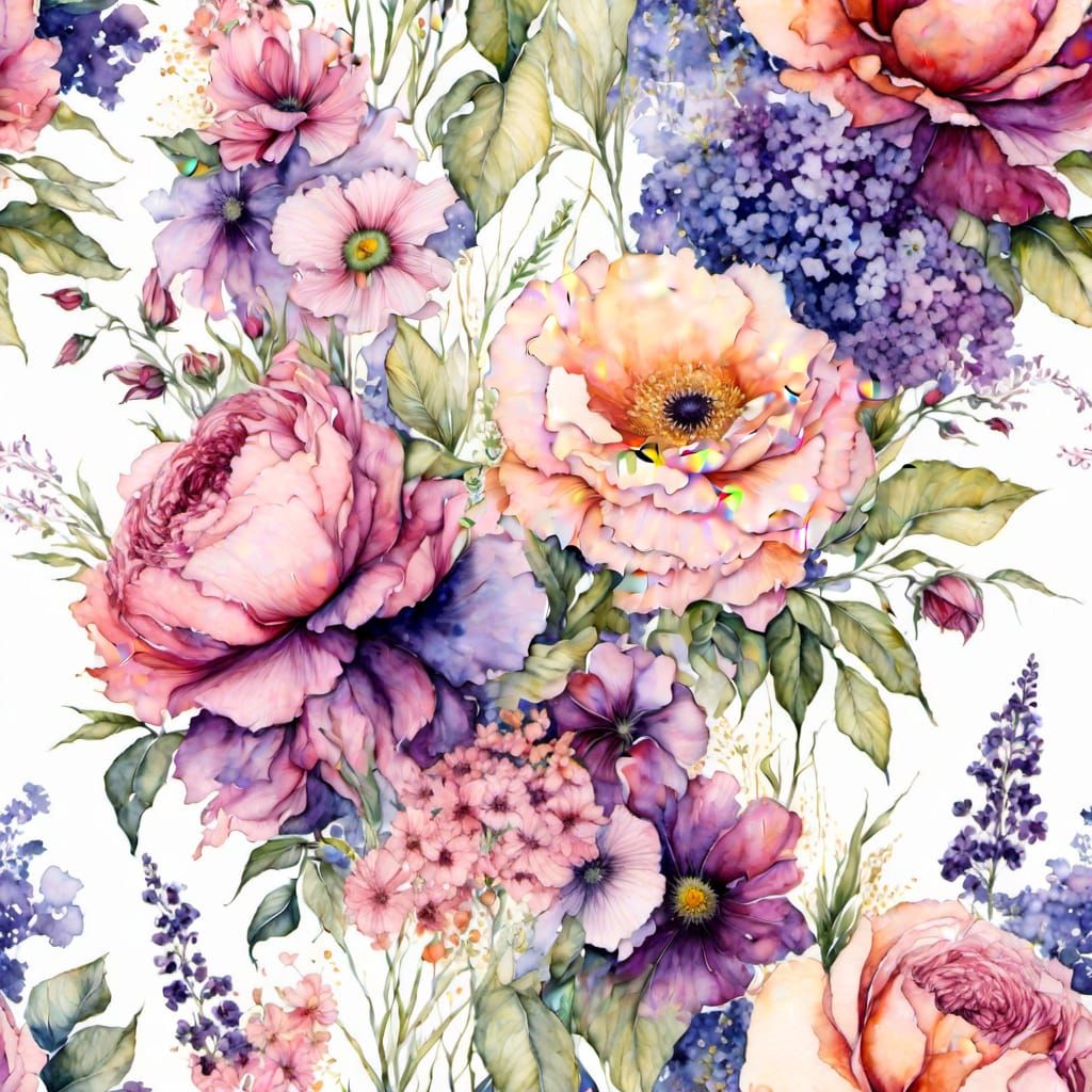 Floral Wallpaper in Watercolor Style with Pink and Purple Fl...