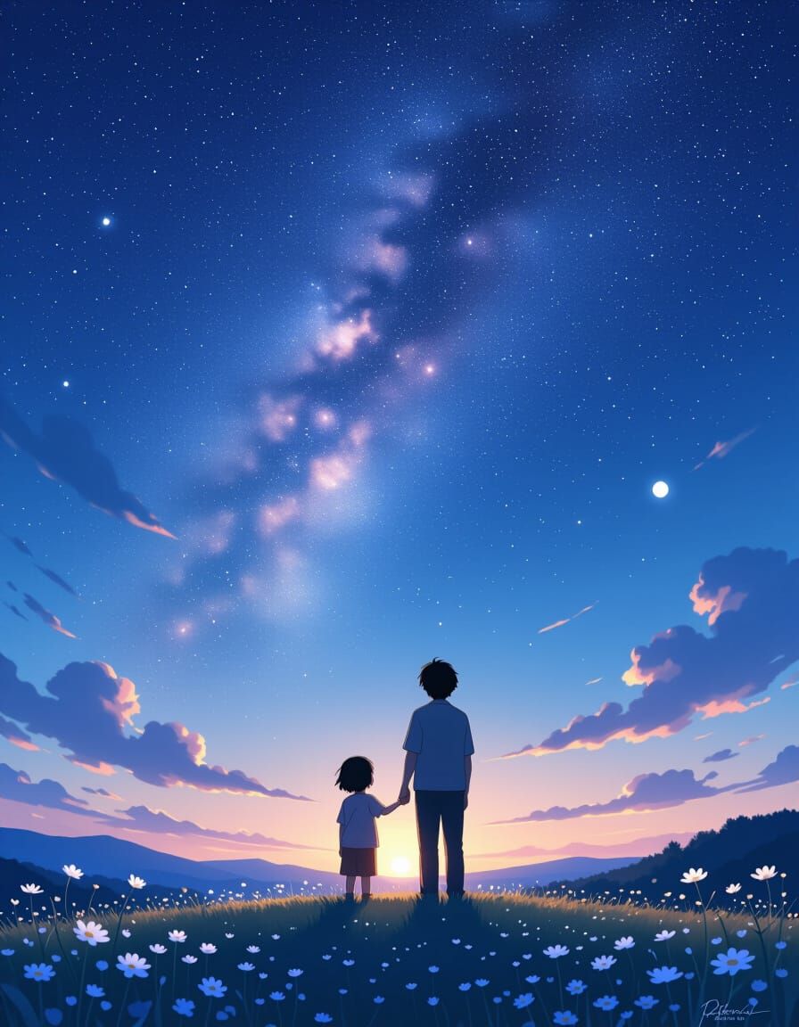 Child and Adult Under Starlit Milky Way