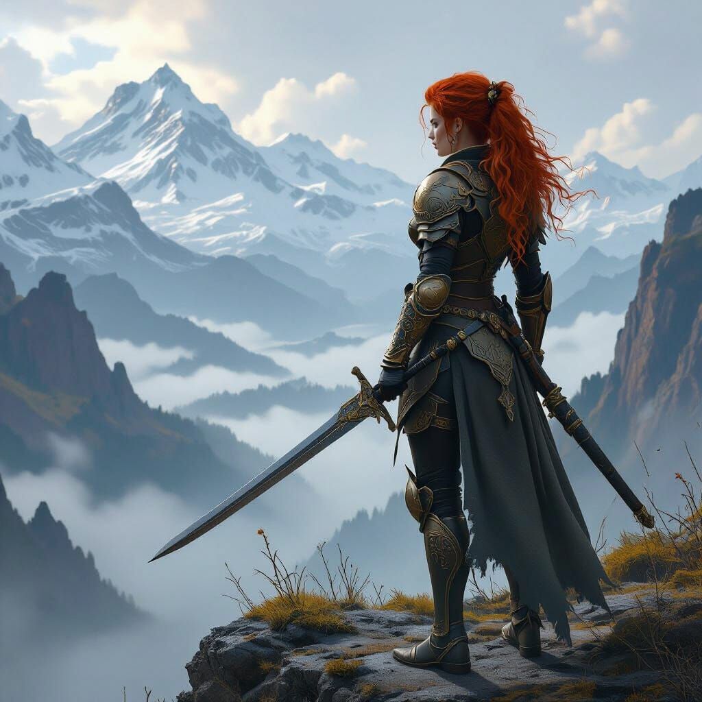 Red-Haired Warrior Overlooking Misty Valley