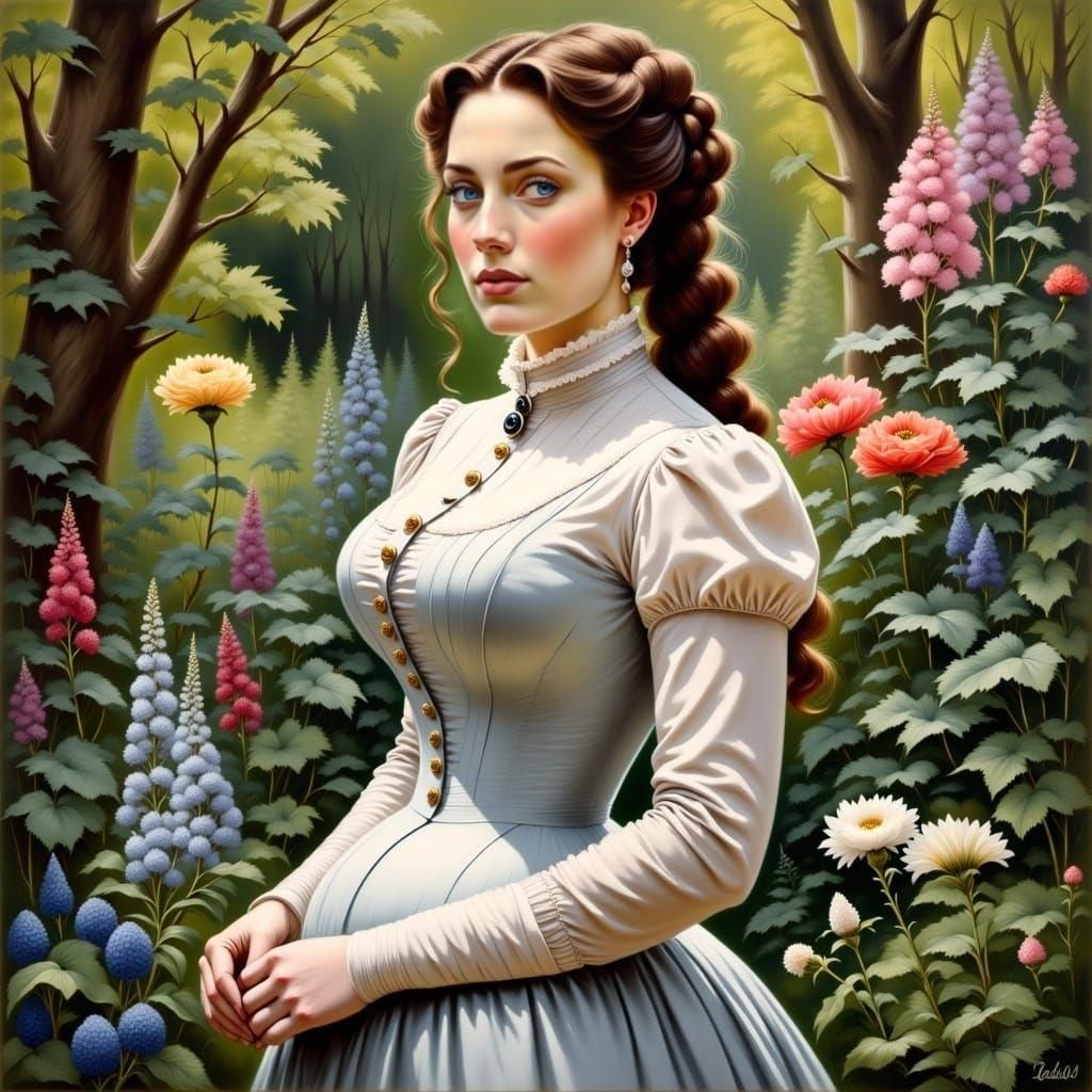 Curvy Victorian Woman in Mystic Forest Oil Painting