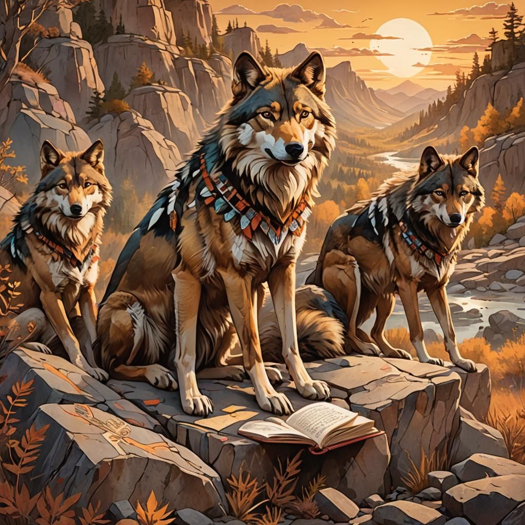 Native American Inspired Wolf Pack Illustration