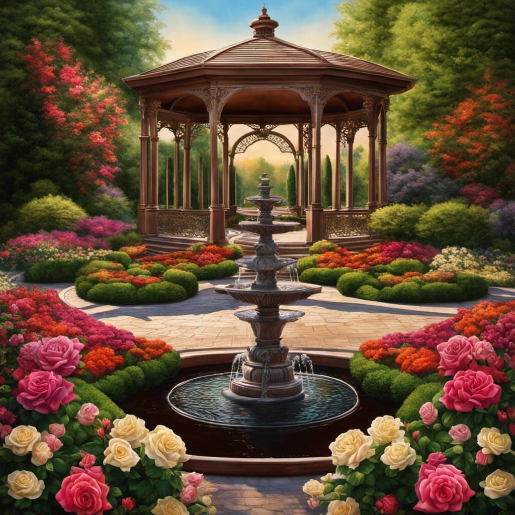Formal Rose Garden with Gazebo and Fountain