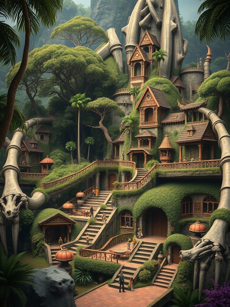 Fantasy Jungle Village Amidst Giant Skeleton Ruins
