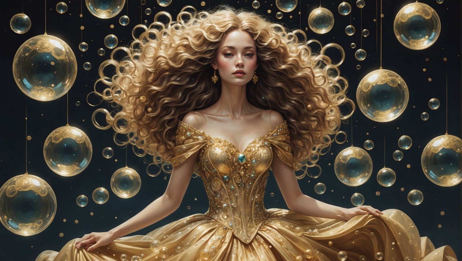 Ethereal Woman in Golden Gown Surrounded by Orbs