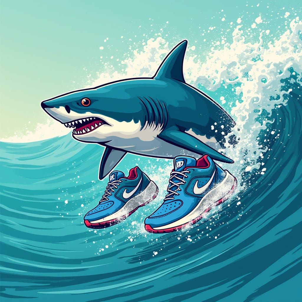 Vibrant Shark Emerges from Turquoise Waves in Bold, Stylized...