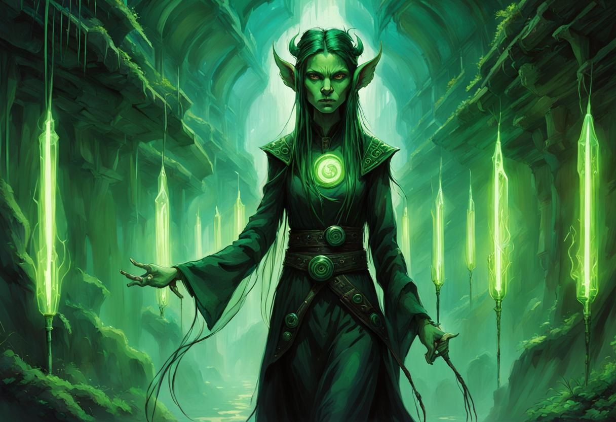 Techno-Druid Goddess in Futuristic Underground Sanctuary