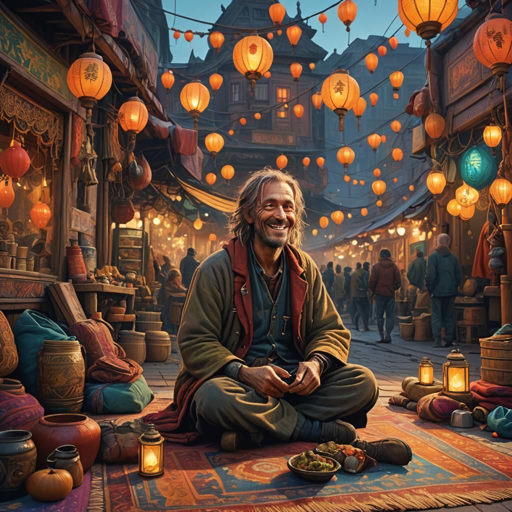 Happy Beggar in Mystical Marketplace, Fantasy Concept Art
