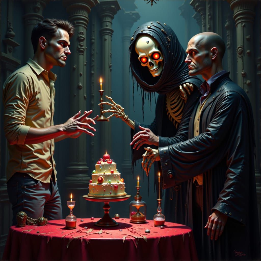 Grim Reaper Offers Cake or Death in Gothic Oil Painting