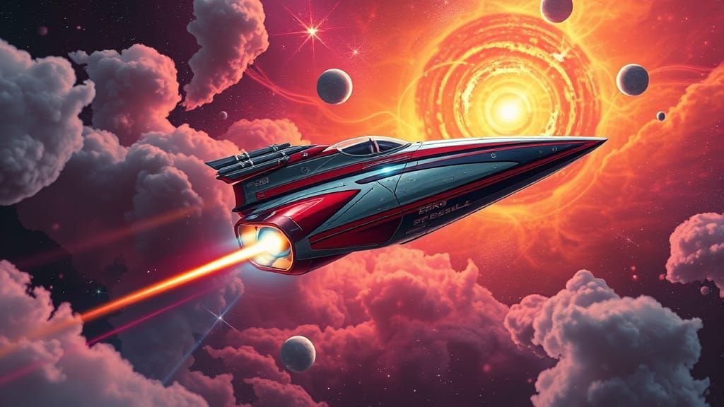 Retro-Futuristic Spacecraft Soars Through Cosmic Nebula