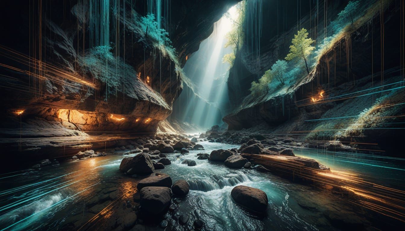 Glowing River in Futuristic Canyon Cave