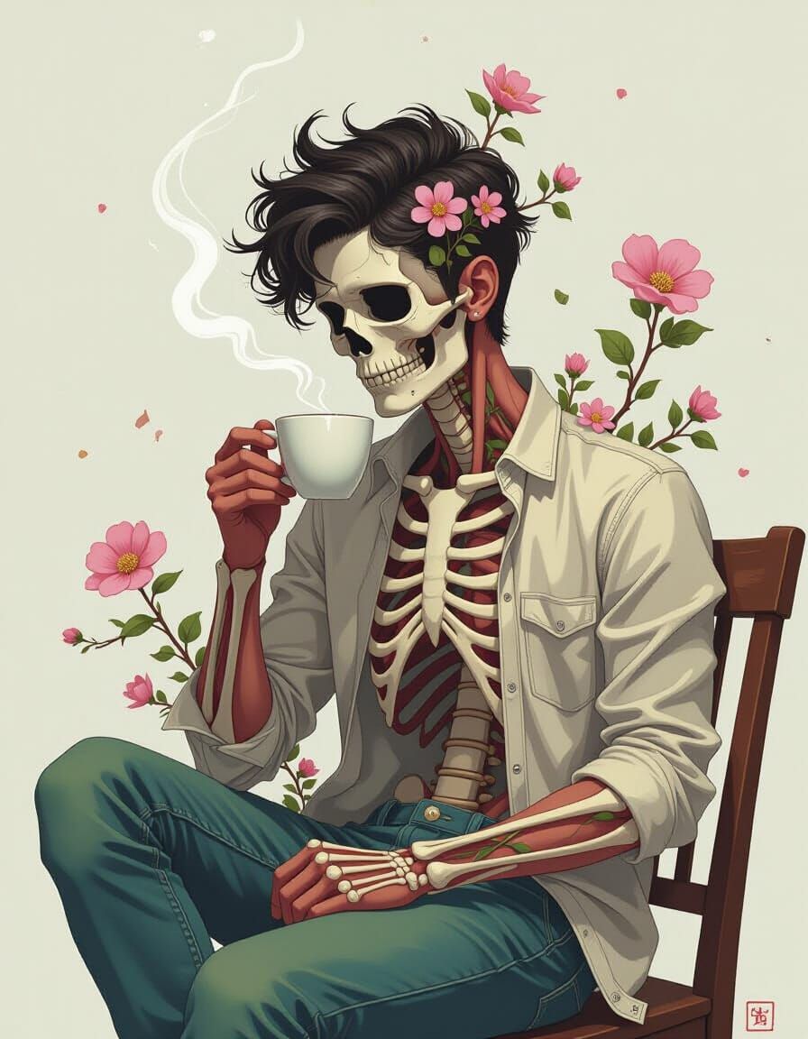 Body Horror Meets Nature: Anatomical Figure with Blooming Vi...