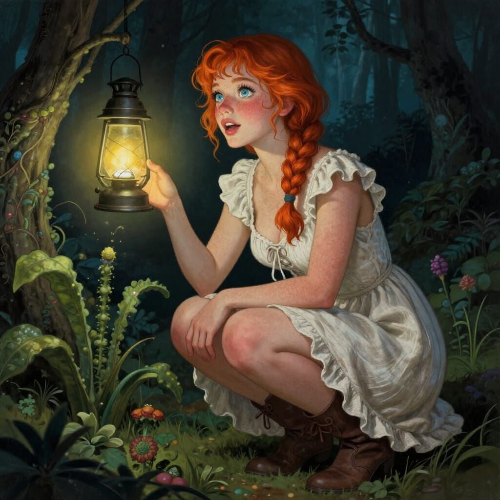Fantasy Warrior Crouching by Magic Plant in Lantern Light