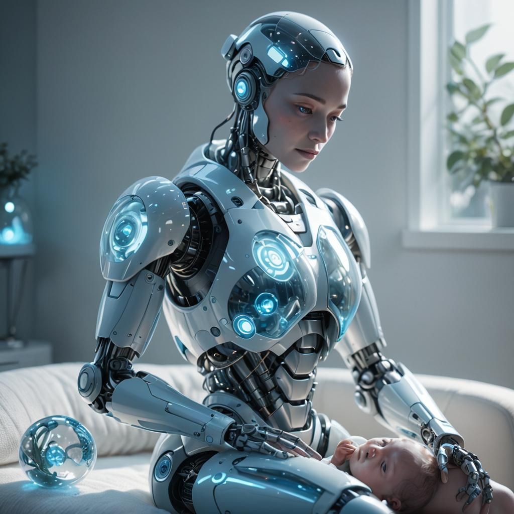 Robot Mother with Embryo in Futuristic Nursery