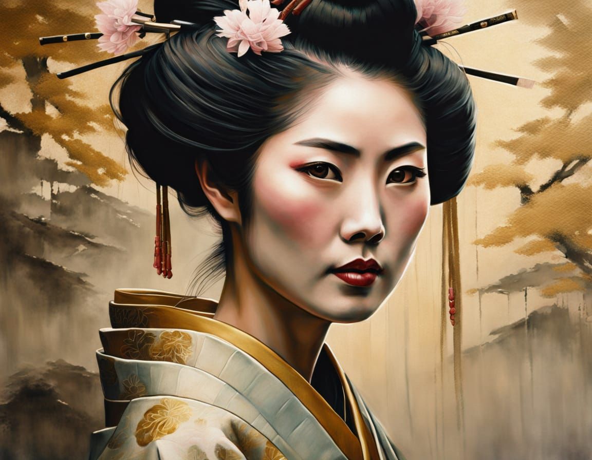 This image shows an elegant Traditional Japanese geisha woman from the Edo period, The oil painting style uses muted,  e...