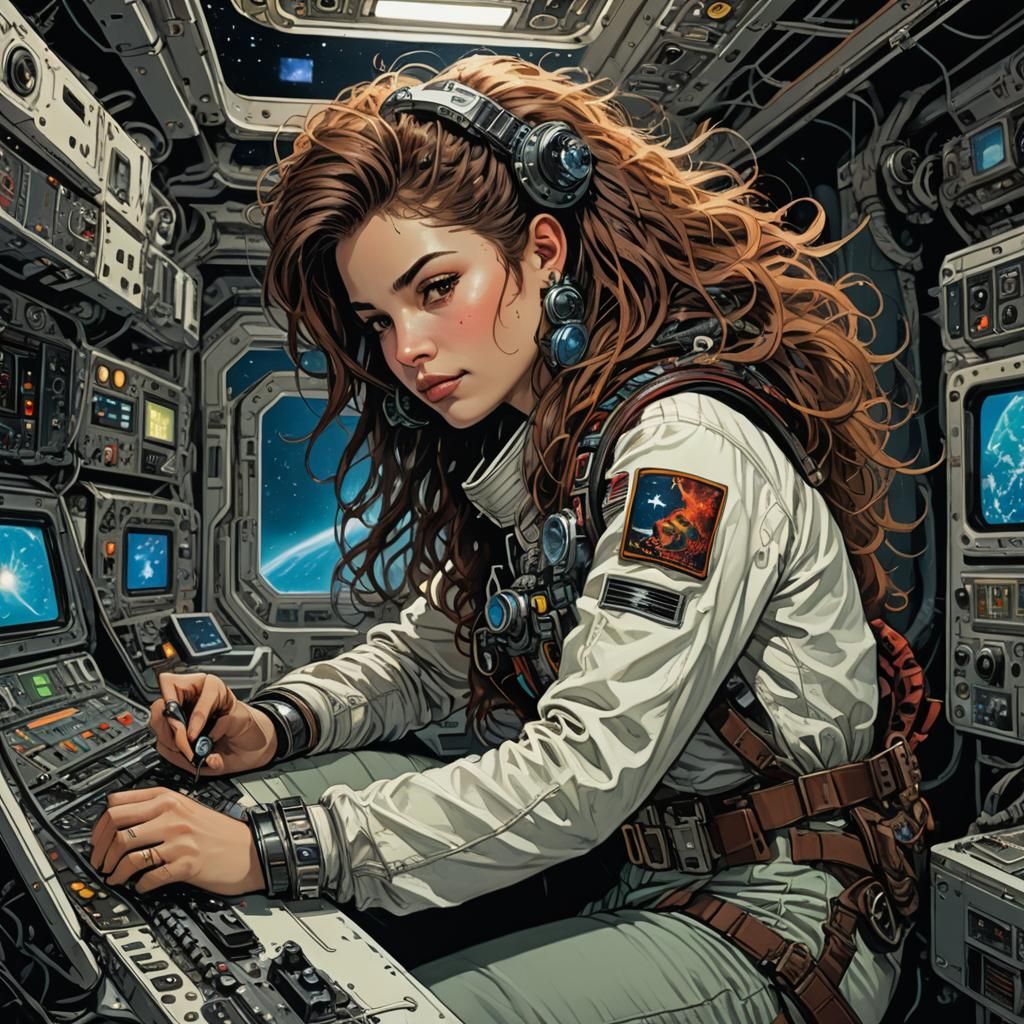 Femme Fatale Cosmonaut Repairs Electronics: Surreal Punk Art