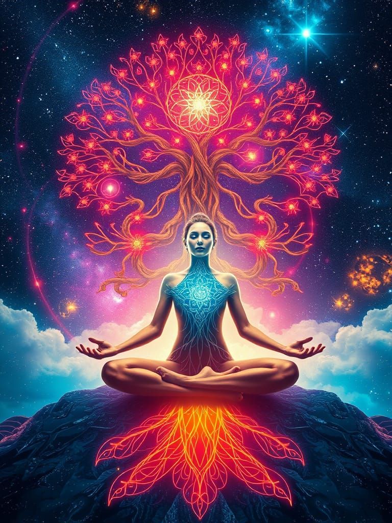 Meditating Woman Amidst Cosmic Tree of Life Galaxy