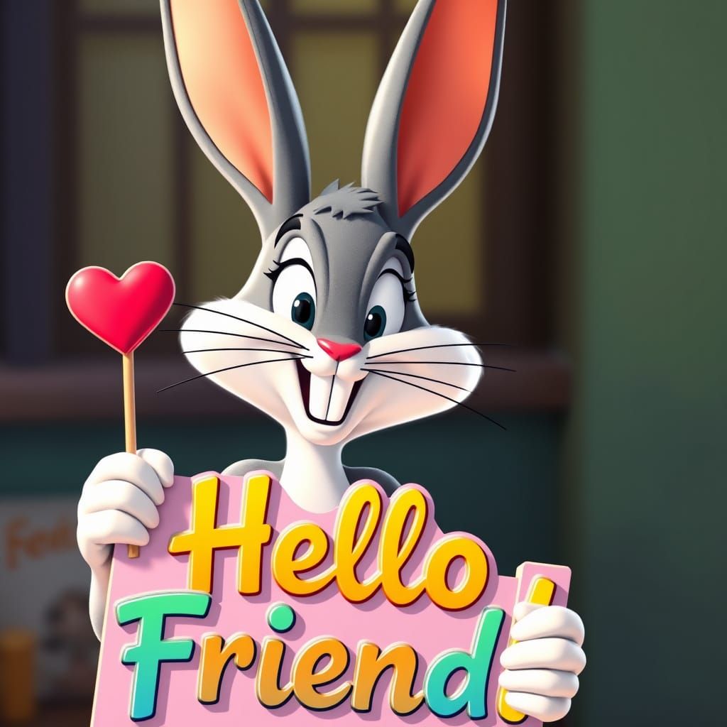 Bugs Bunny Holding a "Hello Friends!" Sign