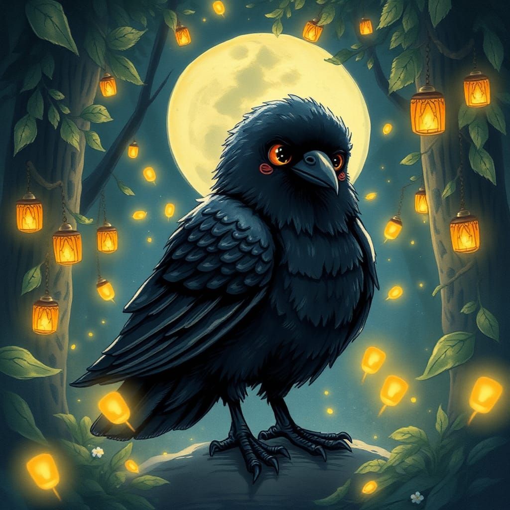 Mystical Raven in Moonlit Forest, Watercolor Art