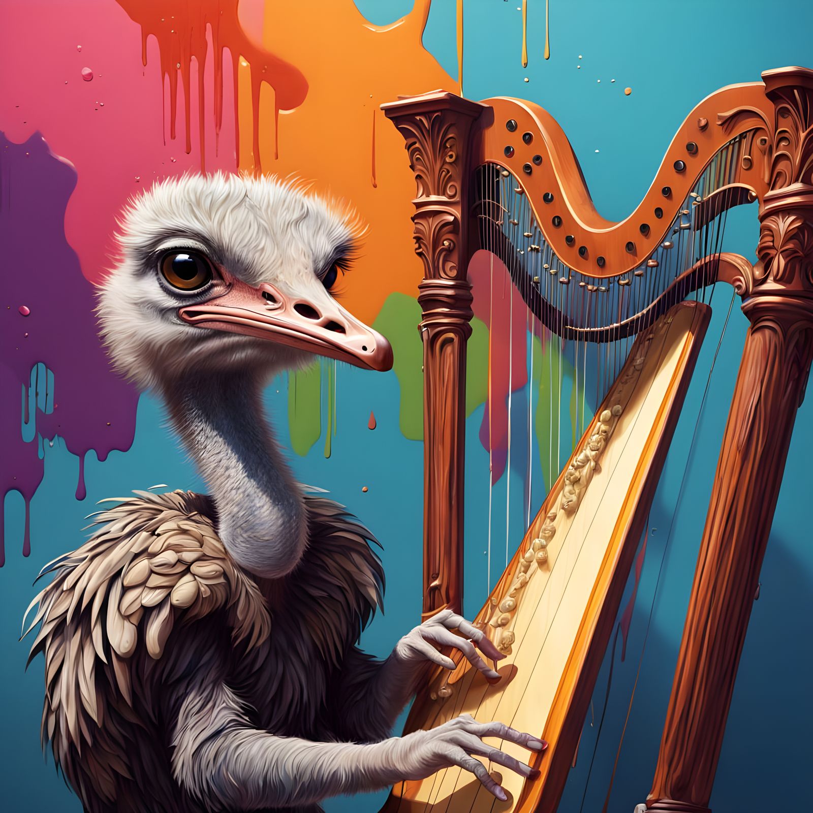 Surreal Hyperrealistic Ostrich Plays Harp in Vibrant Graffit...