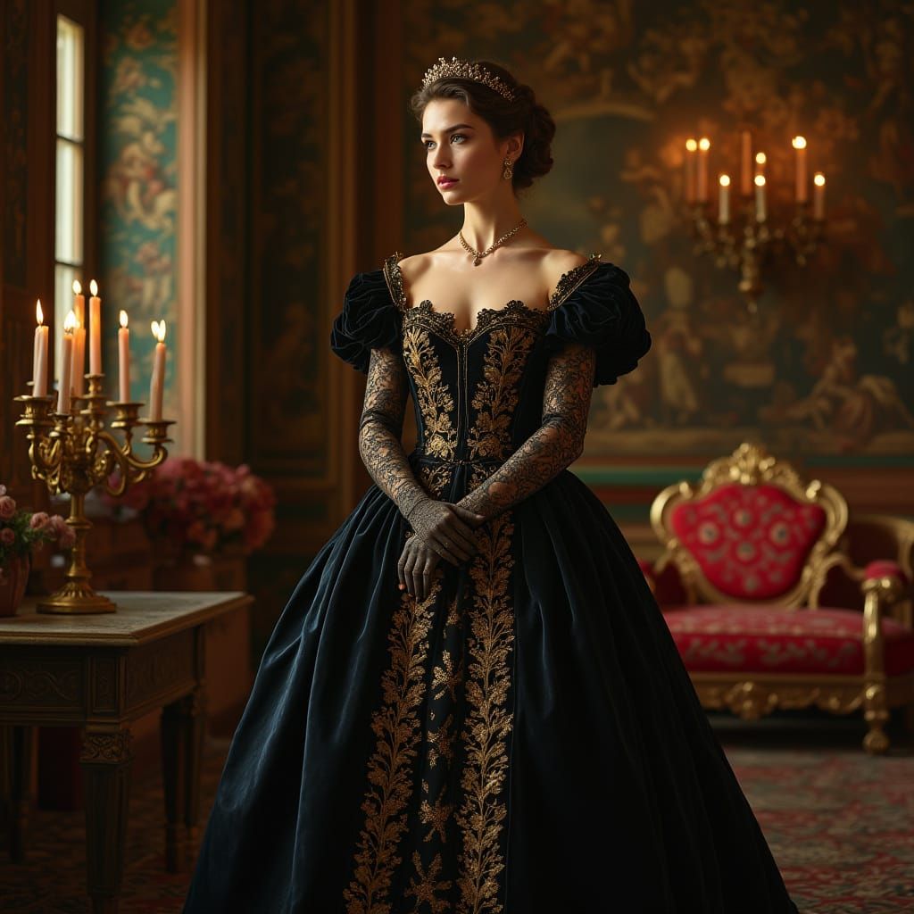 Elegant Renaissance Woman in Opulent Baroque Setting