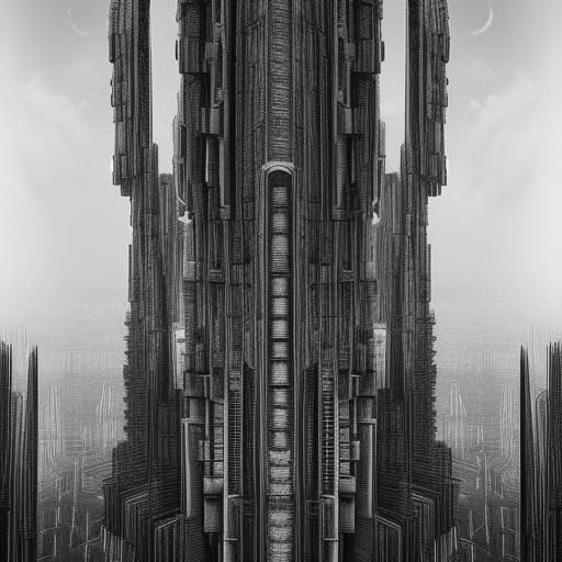 Monolithic Skyscraper in Surrealist Techno Style