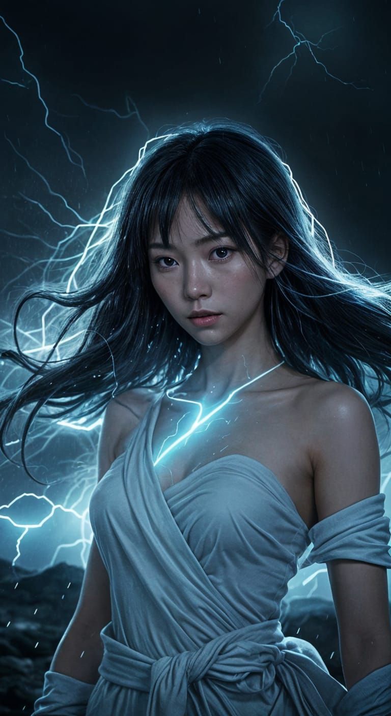 Ethereal Korean Superheroine Radiates Power in Stormy Weathe...