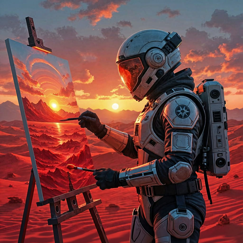 Astronaut Paints Mars Seascape in Futuristic Spacesuit