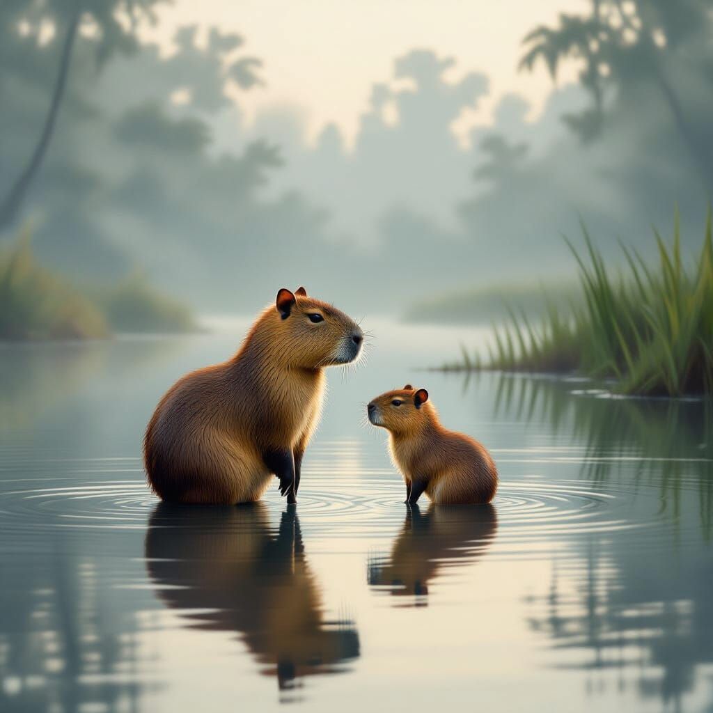 Capybaras in Foggy Water: A Hyperrealistic Wildlife Scene