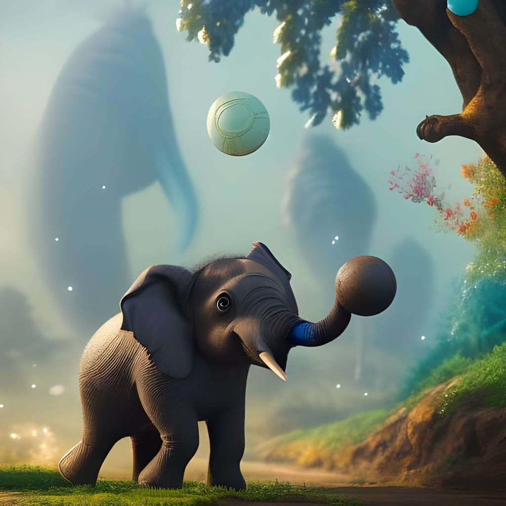 Cute Elephant Baby Plays Ball: Detailed Matte Painting
