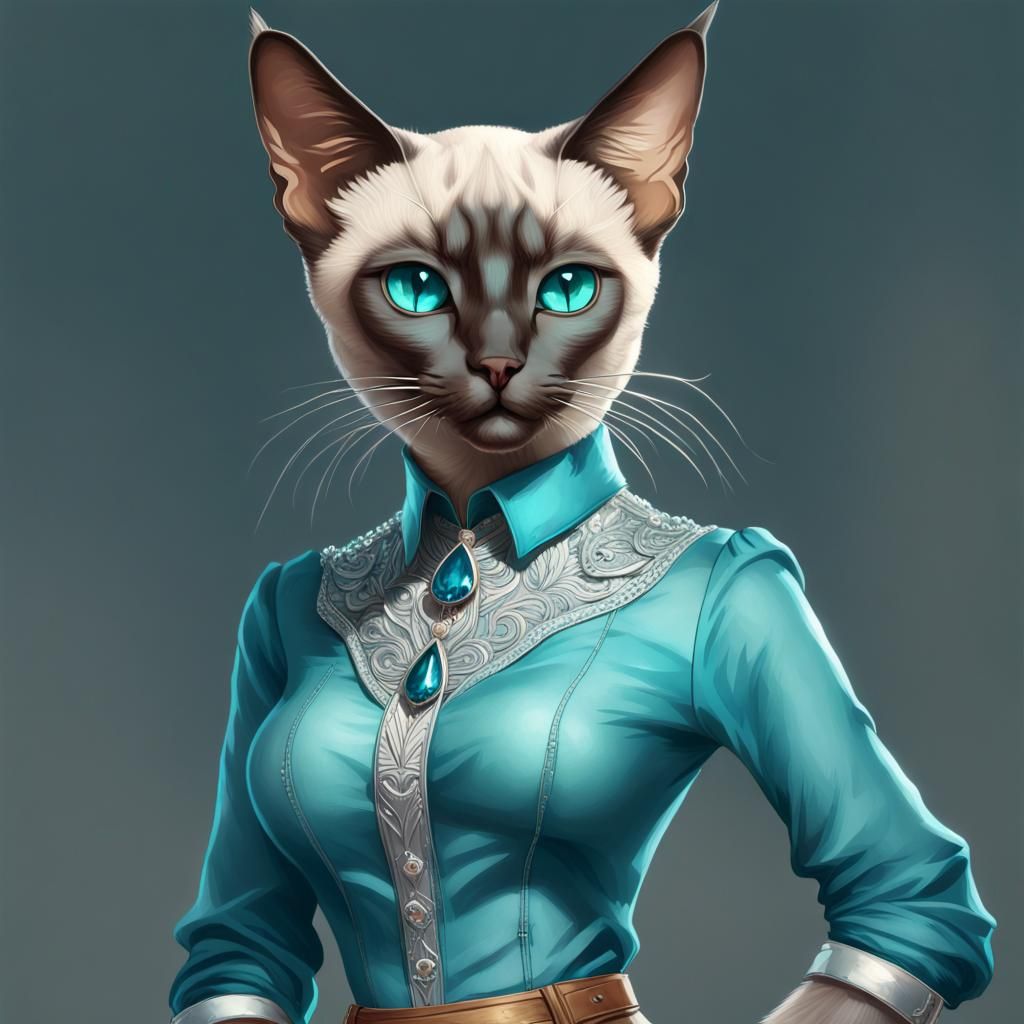 Anthro Siamese Cat Portrait in Hyperdetailed Digital Art