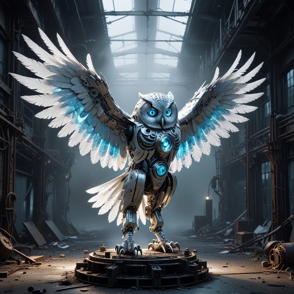 Regal Robotic Snow Owl in Frosty Industrial Landscape