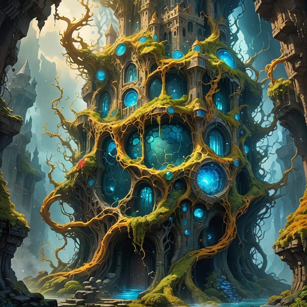 Living Cell Consumes Fortress in Vibrant Fantasy Art