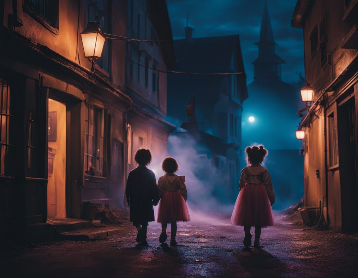 Surreal Halloween Night with Eerie Costumed Children