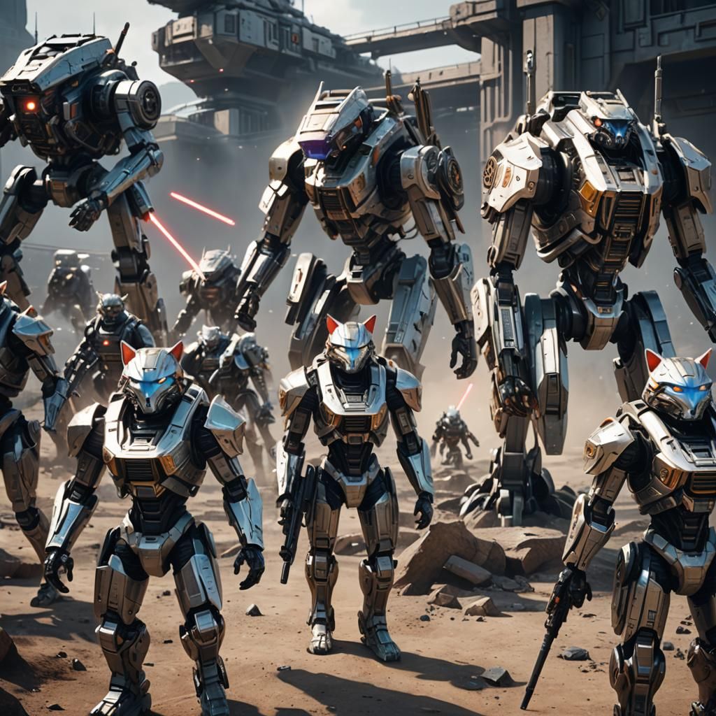 Futuristic Cat Army with Guns and Laser Swords