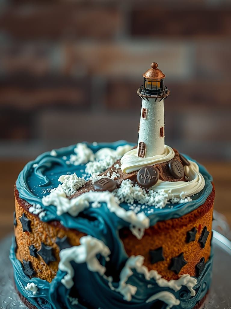 Lighthouse Birthday Cake in Digital Art Style
