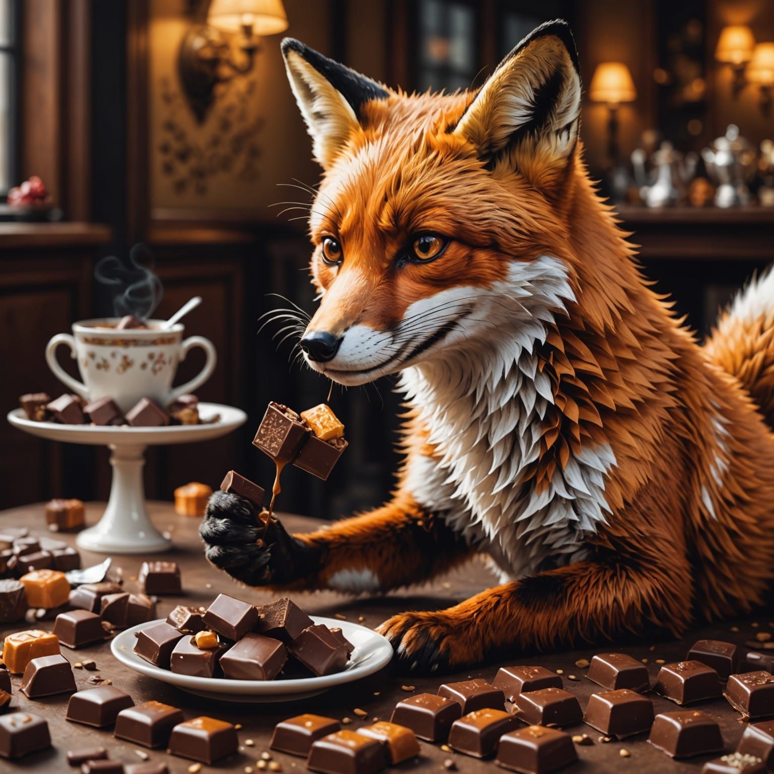 Relaxed Fox Eating Chocolates in Hyperrealism