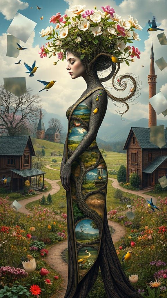 Surreal Goddess of Nature Emerges from a Dreamlike Village