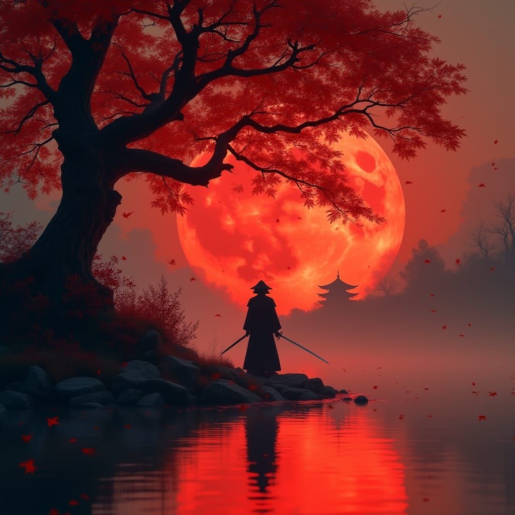 Samurai Warrior Under Blood-Red Moonlight