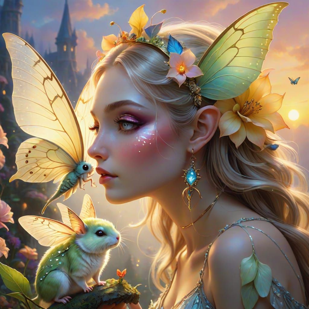 Whimsical Hamster Moth Creature in Ethereal Sunset