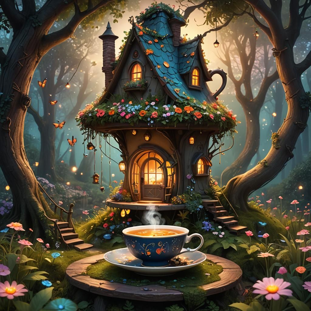 Enchanted Teacup House in Fairy Garden, Fantasy Art