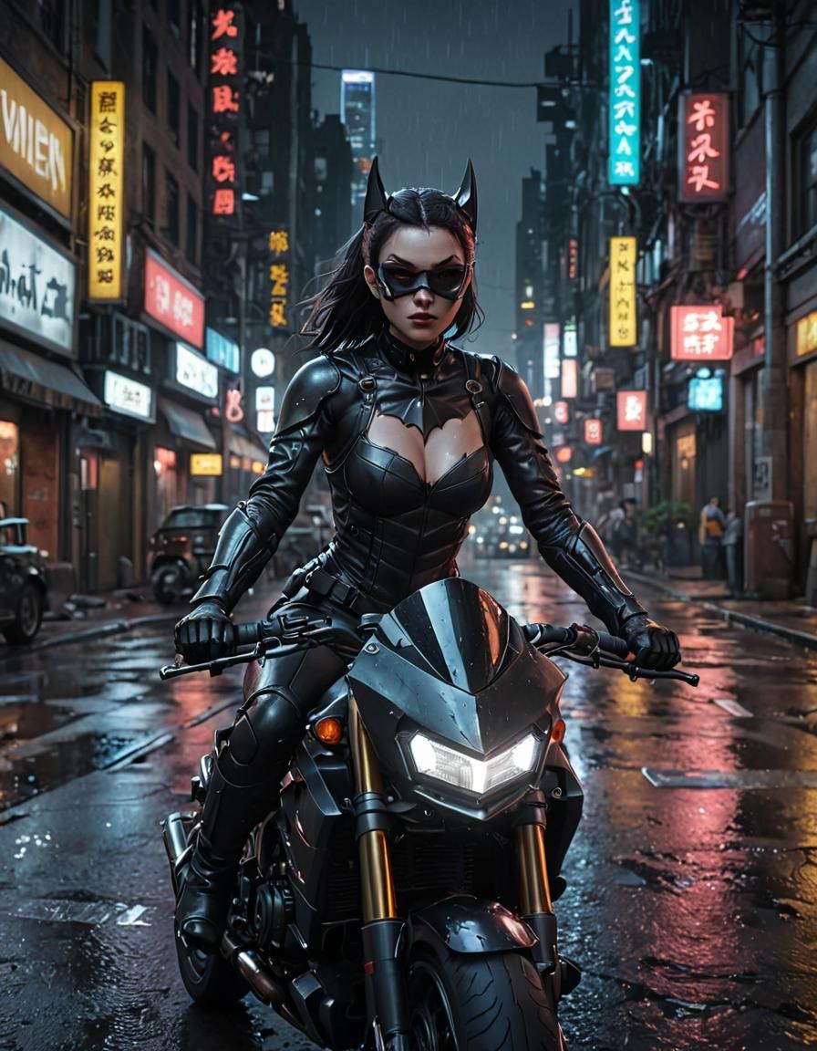 Batgirl Rides Motorcycle Through Gotham: Gothic Neon Art