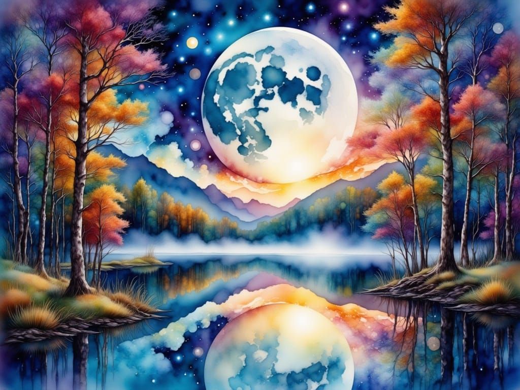 Moonlit Watercolor Landscape with Dendritic Trees and Sparkl...