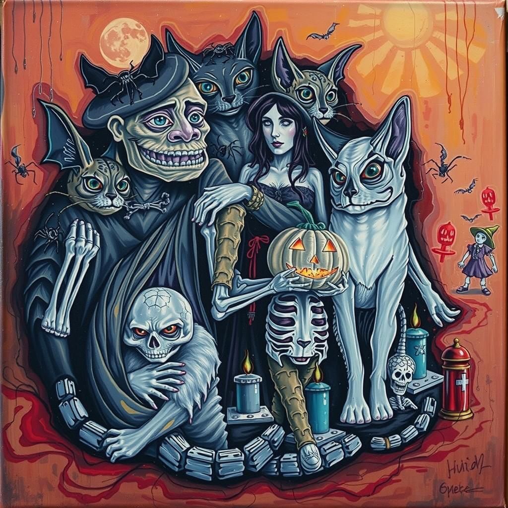 Witch with Pumpkin in Gauguin-Inspired Halloween Scene